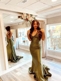 Olive Satin Mermaid Prom Dresses Spaghetti Strap Pleated Bodice 24057-Prom Dresses-vigocouture-Olive-Custom Size-vigocouture
