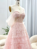 Ombre Pink Ruffled Tulle Prom Dresses One Shoulder Sheer Boned Bodice 24445-Prom Dresses-vigocouture-Pink-US2-vigocouture