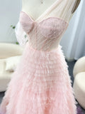 Ombre Pink Ruffled Tulle Prom Dresses One Shoulder Sheer Boned Bodice 24445-Prom Dresses-vigocouture-Pink-US2-vigocouture