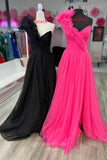 One Shoulder Ruffled Prom Dresses with Slit Pleated Bodice Tulle Formal Gown 24372-Prom Dresses-vigocouture-Hot Pink-Custom Size-vigocouture