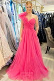 One Shoulder Ruffled Prom Dresses with Slit Pleated Bodice Tulle Formal Gown 24372-Prom Dresses-vigocouture-Hot Pink-Custom Size-vigocouture