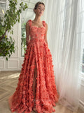 Orange 3D Floral Prom Dresses with Pockets Spaghetti Strap Flower Gown with Slit 24485