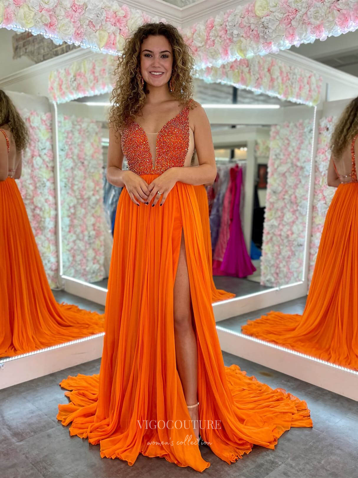 Orange Pleated Chiffon Prom Dresses with Slit Beaded Sheer Bodice Open Back 24144-Prom Dresses-vigocouture-Orange-Custom Size-vigocouture