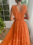 Orange Ruffled Prom Dresses Plunging V-Neck Formal Gown 24500-Prom Dresses-vigocouture-Orange-Custom Size-vigocouture