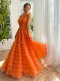 Orange Ruffled Prom Dresses Plunging V-Neck Formal Gown 24500