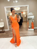 Orange Satin Mermaid Prom Dresses with Slit Plunging V-Neck Ruched Hip 24093-Prom Dresses-vigocouture-Orange-Custom Size-vigocouture