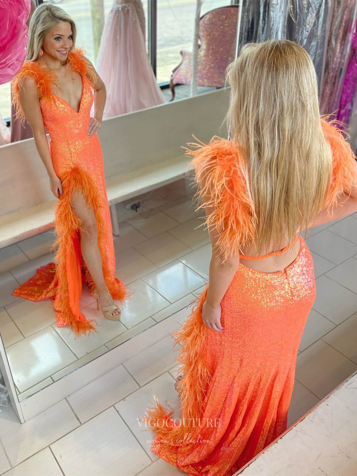 Orange Sequin Mermaid Prom Dresses with Slit Feather Evening Dress 24159-Prom Dresses-vigocouture-Orange-Custom Size-vigocouture