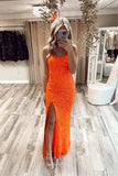Orange Sequin Mermaid Prom Dresses with Slit Spaghetti Strap Lace Up Back 24208-Prom Dresses-vigocouture-Orange-Custom Size-vigocouture
