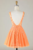 Orange Sparkly V-Neck Homecoming Dresses Lace Applique Back to School Dress hc410-Prom Dresses-vigocouture-Orange-Custom Size-vigocouture