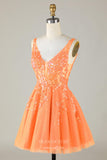 Orange Sparkly V-Neck Homecoming Dresses Lace Applique Back to School Dress hc410-Prom Dresses-vigocouture-Orange-Custom Size-vigocouture