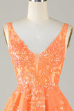 Orange Sparkly V-Neck Homecoming Dresses Lace Applique Back to School Dress hc410-Prom Dresses-vigocouture-Orange-Custom Size-vigocouture