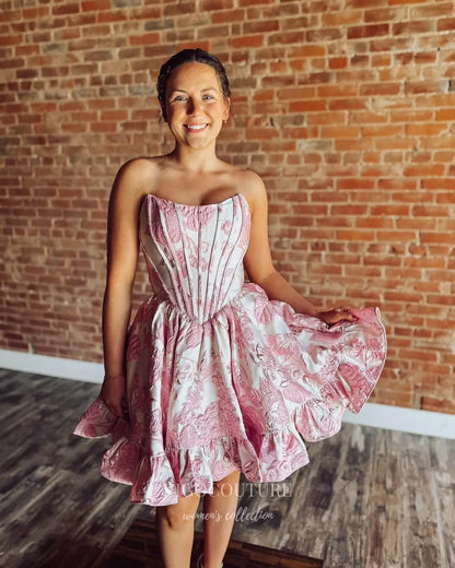 Pink Floral Jacquard Corset Homecoming Dress with Gathered Ruffle Skirt - P26060