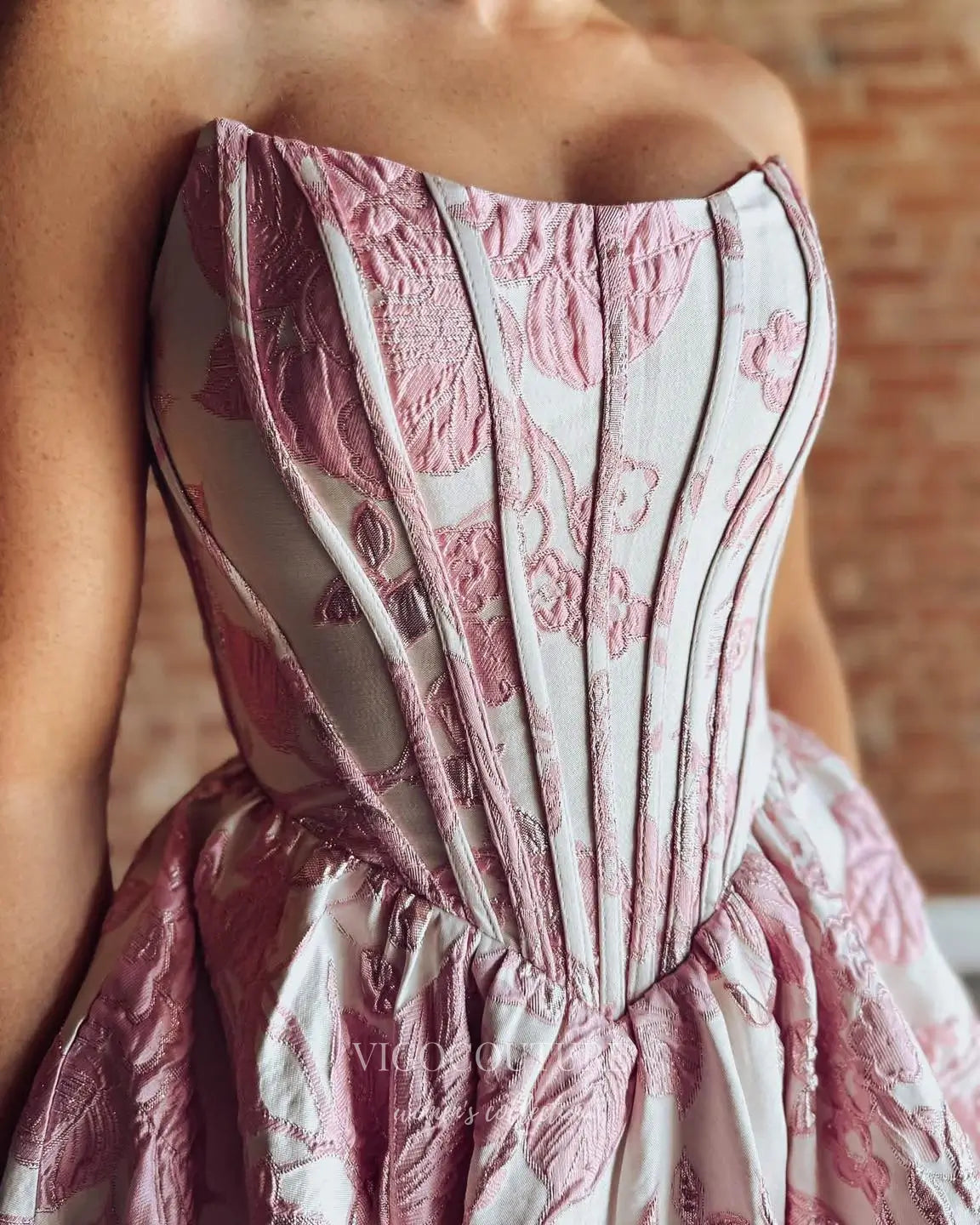 Pink Floral Jacquard Corset Homecoming Dress with Gathered Ruffle Skirt - P26060