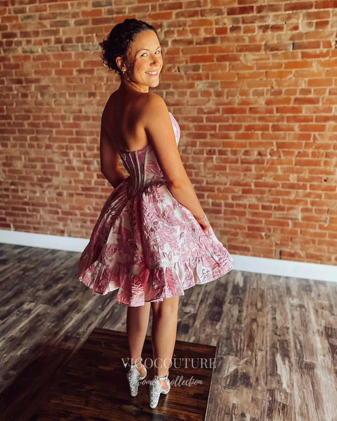 Pink Floral Jacquard Corset Homecoming Dress with Gathered Ruffle Skirt - P26060