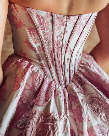 Pink Floral Jacquard Corset Homecoming Dress with Gathered Ruffle Skirt - P26060