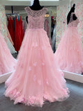 Pink 3D Flower Beaded Lace Applique Prom Dresses Sheer Bodice Boat Neck 24153