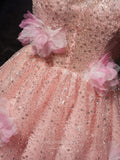 Pink 3D Flower Homecoming Dress Beaded Sequin Halter Neck Graduation Dress hc306-Prom Dresses-vigocouture-Pink-Custom Size-vigocouture