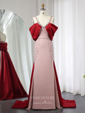 Pink and Red Sheath Beaded Prom Dresses Satin Train V-Neck Pageant Dress 24451