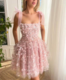 Pink Beaded Lace Floral Homecoming Dress with Pockets Bow Spaghetti Strap Graduation Dress 24493