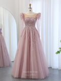 Pink Beaded Lace Prom Dresses Sheer Long Sleeve Pageant Dress Boat Neck 24434