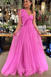 Pink Bow-Tie One Shoulder Prom Dresses Pleated Tulle Formal Gown 24468