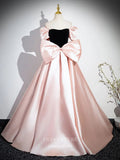 Pink Bow-Tie Puffed Sleeve Prom Dresses Satin Cute Princess Dress 25076-Prom Dresses-vigocouture-Pink-Custom Size-vigocouture