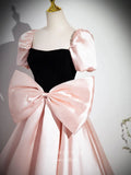 Pink Bow-Tie Puffed Sleeve Prom Dresses Satin Cute Princess Dress 25076-Prom Dresses-vigocouture-Pink-Custom Size-vigocouture