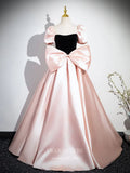 Pink Bow-Tie Puffed Sleeve Prom Dresses Satin Cute Princess Dress 25076