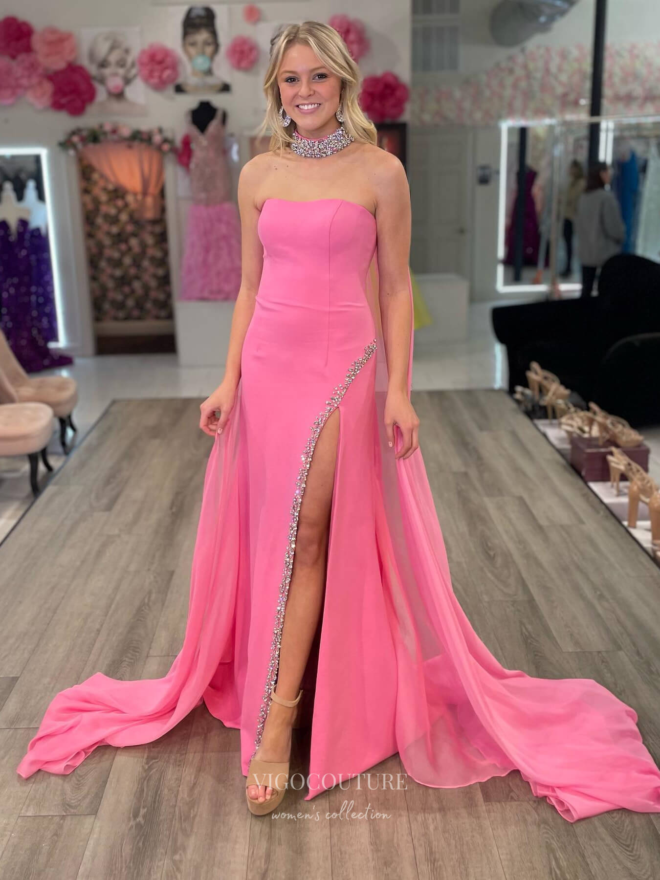 Pink Cape Sleeve Strapless Prom Dresses with Beaded Slit Satin Mermaid 24170-Prom Dresses-vigocouture-Pink-Custom Size-vigocouture