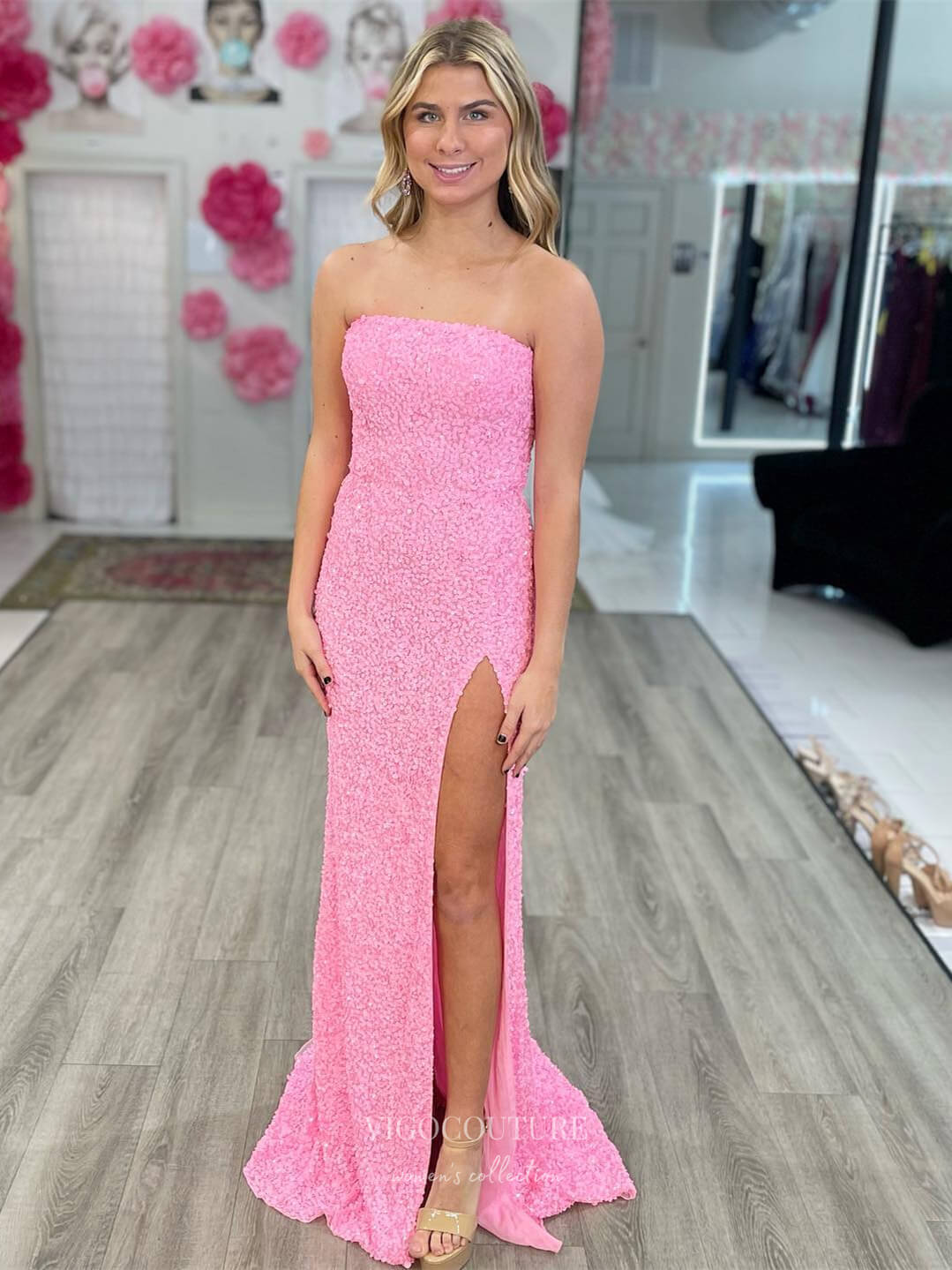 Pink Convertible Two Piece Prom Dresses with Slit Sequin Mermaid Evening Dress 24110-Prom Dresses-vigocouture-Pink-Custom Size-vigocouture