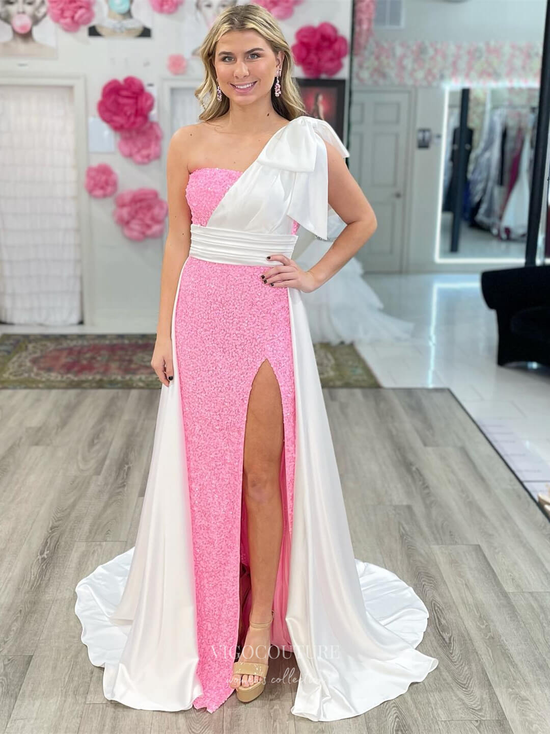 Pink Convertible Two Piece Prom Dresses with Slit Sequin Mermaid Evening Dress 24110-Prom Dresses-vigocouture-Pink-Custom Size-vigocouture