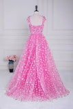 Pink Floral Blossom Prom Dresses with Slit Cape Sleeve Square Neck 24367-Prom Dresses-vigocouture-Pink-Custom Size-vigocouture