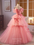 Pink Floral Off the Shoulder Prom Dresses Tiered Tulle Quinceanera Dress 24395-Prom Dresses-vigocouture-Pink-Custom Size-vigocouture