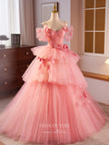 Pink Floral Off the Shoulder Prom Dresses Tiered Tulle Quinceanera Dress 24395