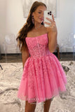 Pink Lace Applique Homecoming Dresses Strapless Back to School Dress hc455-Prom Dresses-vigocouture-Pink-Custom Size-vigocouture