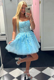 Pink Lace Applique Homecoming Dresses Strapless Back to School Dress hc455-Prom Dresses-vigocouture-Light Blue-Custom Size-vigocouture