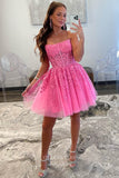 Pink Lace Applique Homecoming Dresses Strapless Back to School Dress hc455-Prom Dresses-vigocouture-Pink-Custom Size-vigocouture