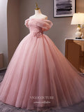 Pink Off the Shoulder Quinceanera Dresses 3D Flower Tulle Prom Ball Gown 25050-Prom Dresses-vigocouture-Pink-Custom Size-vigocouture