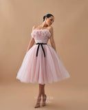 Pink Pleated Tulle Short Prom Dresses Belt Strapless Hoco Dress 24066
