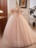 Pink Puffed Sleeve Prom Dresses Off the Shoulder Tulle Quinceanera Dress 24403-Prom Dresses-vigocouture-Pink-Custom Size-vigocouture