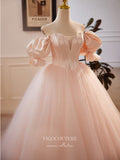 Pink Puffed Sleeve Prom Dresses Off the Shoulder Tulle Quinceanera Dress 24403-Prom Dresses-vigocouture-Pink-Custom Size-vigocouture