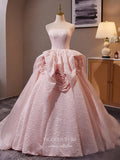 Pink Rosette Tiered Strapless Quinceanera Dresses Jacquard Satin Prom Ball Gown 25049