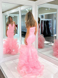 Pink Ruffled Satin Mermaid Prom Dresses Strapless Formal Gown 24465-Prom Dresses-vigocouture-Pink-Custom Size-vigocouture