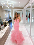 Pink Ruffled Satin Mermaid Prom Dresses Strapless Formal Gown 24465-Prom Dresses-vigocouture-Pink-Custom Size-vigocouture