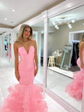 Pink Ruffled Satin Mermaid Prom Dresses Strapless Formal Gown 24465-Prom Dresses-vigocouture-Pink-Custom Size-vigocouture