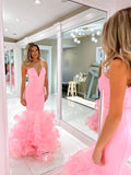 Pink Ruffled Satin Mermaid Prom Dresses Strapless Formal Gown 24465-Prom Dresses-vigocouture-Pink-Custom Size-vigocouture