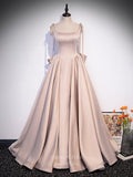 Pink Satin Bow Tie Prom Dresses Pearl Spaghetti Strap Formal Gown 24456