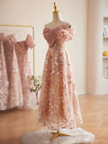 Pink Sequin Floral Lace Prom Dresses Off the Shoulder Maxi Dress 24385-Prom Dresses-vigocouture-Pink-Custom Size-vigocouture