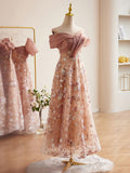 Pink Sequin Floral Lace Prom Dresses Off the Shoulder Maxi Dress 24385-Prom Dresses-vigocouture-Pink-Custom Size-vigocouture