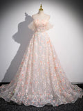 Pink Sparkly Floral Lace Prom Dresses Off the Shoulder Formal Dress 24407